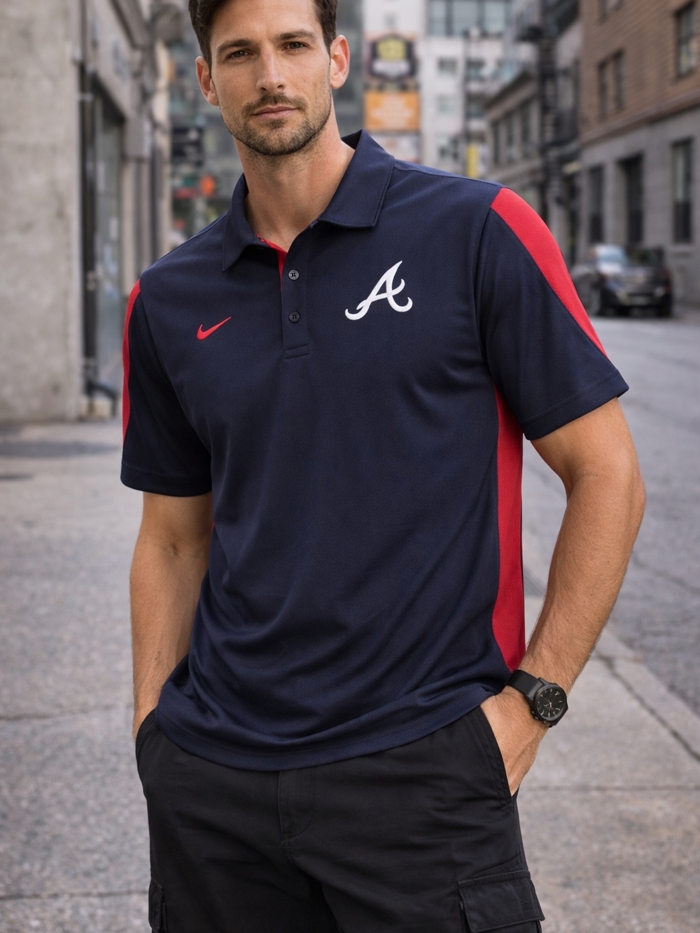 Nike Men's Atlanta Braves Polo L Navy Red Dri-Fit MLB Athletic Golf